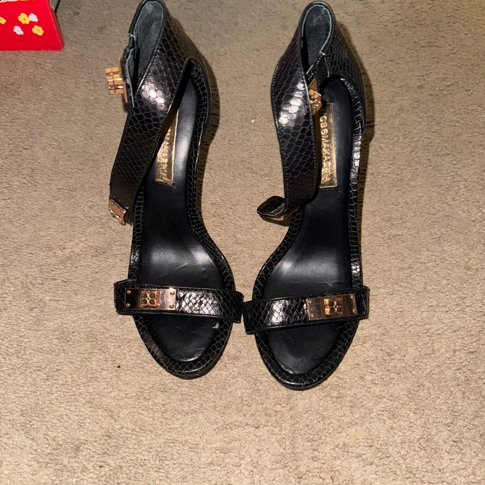 Bcbgmaxazria BCBG Black Python print High Heel Sandals with gold accents